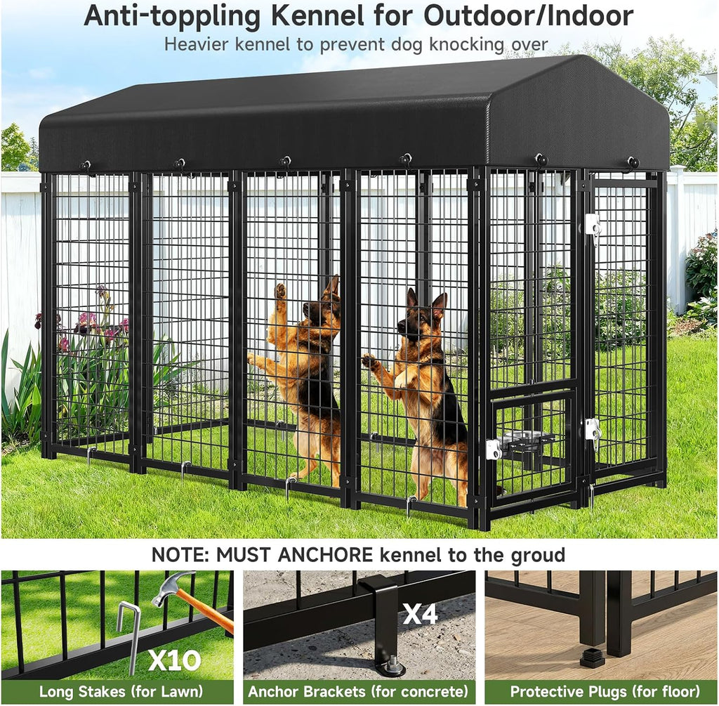 Dog Kennel Outdoor, Large Outside Dog Kennel with Roof & Swivel Feeders/Removable Doggy Door Allow Connecting Your