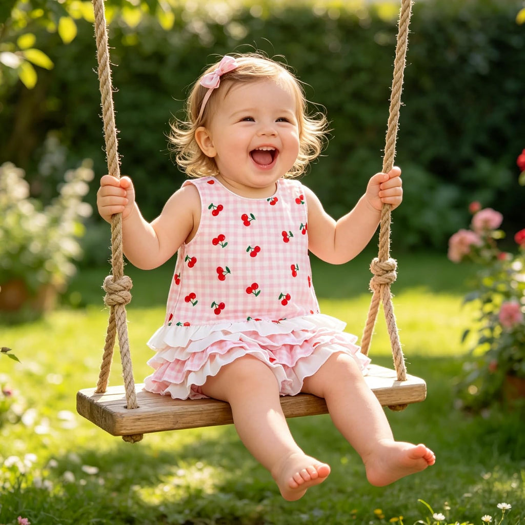 Toddler Baby Girl 2Pcs Summer Clothes Cherry plaid Sleeveless Top & Ruffle Bloomer Skirt Set