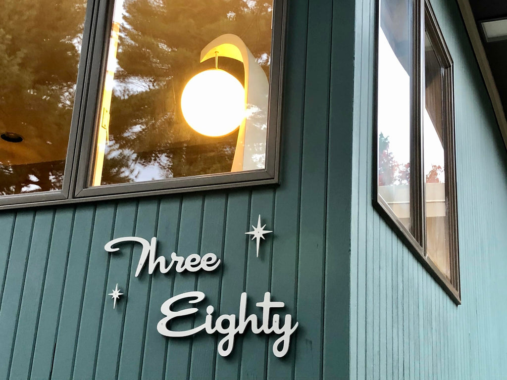 Mid Century Modern Cursive House Numbers, 5 inch black plastic MCM script address words with stainless steel screws