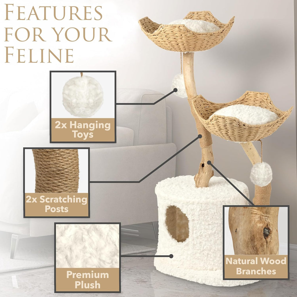 Cat-Tree Tower | Modern Cat Furniture | Real Wood Branch Scratching Post | White | 46"