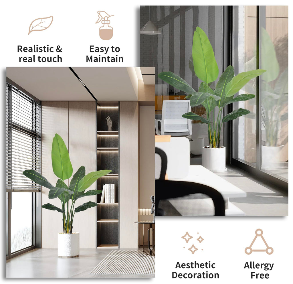 Bird of Paradise Plant Artificial 5ft, Faux Plants Indoor with White Planter, Fake Tree with Lifelike Leaves, The