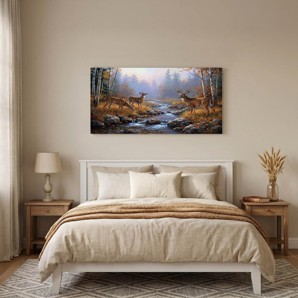 Deer Wall Art Autumn Forest Canvas Print Wildlife Landscape Painting Framed Yellow Rustic Nature Animal Pictures for