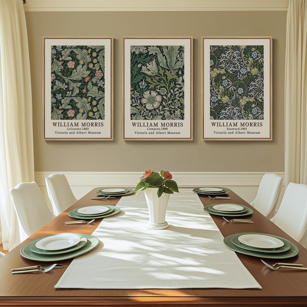 Large Framed Vintage Green William Morris Wall Art, 3 Piece