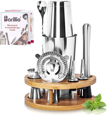 Elite Mixology Bartender Kit with Stand - Cocktail Shaker Set with Bamboo Stand, Boston Drink Shaker, Mojito Muddler - Set of 7