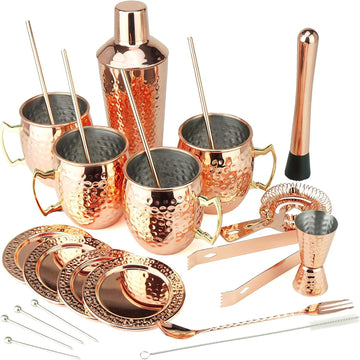 [Gift Set] PG Ultimate Moscow Mule SS Copper Plated Set | Cocktail Shaker, 4X Mugs, 4X Straws, 4X Cocktail - Set of 25