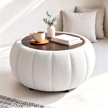 30 Inches Round Ottoman Coffee Table with Storage, Upholstered Ottoman in Boucle Teddy Fabric, Wooden Top As Tray