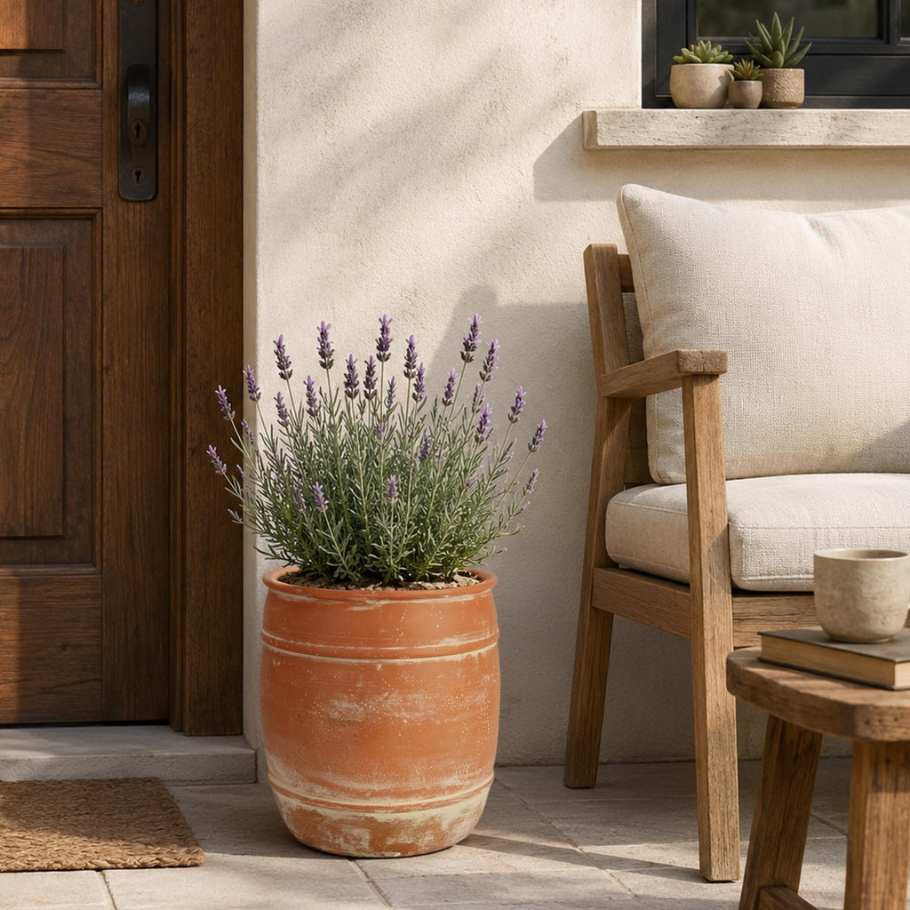11"H x 9.5" Dia Aged Terracotta Clay Planter Pot with Drainage Hole, Rustic Farmhouse Style Flower Pot with