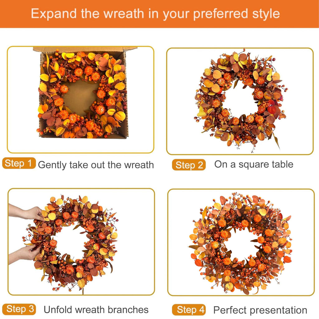 Fall Wreath 22 Inch Fall Wreaths for Front Door Autumn Pumpkin Wreaths with Orange Eucalyptus Leaves and Berries for