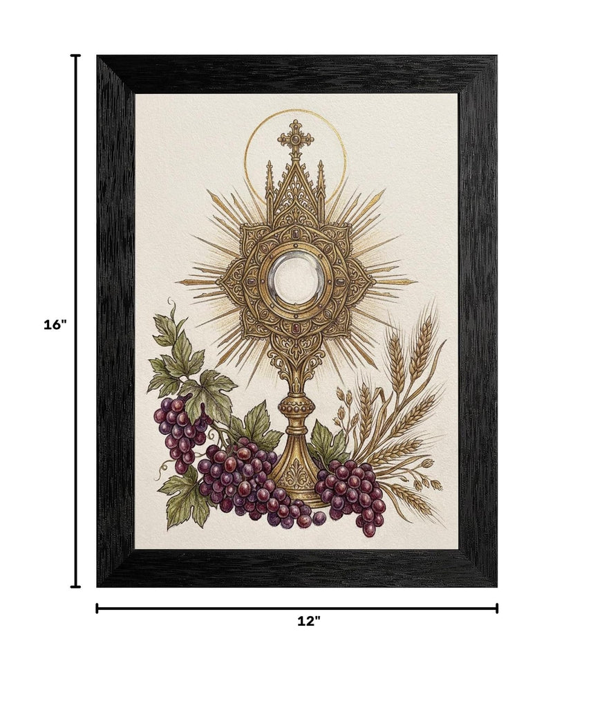 Framed Religious Wall Art - Sacred Monstrance and Eucharist with Grapes and Wheat - Devotional Catholic Decor in
