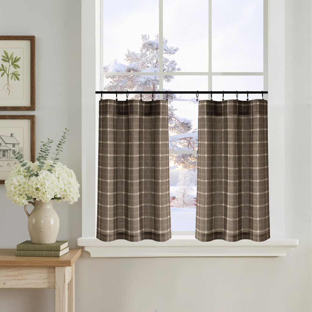 2 Panels Linen Cafe Gingham Curtains 30 inches Length