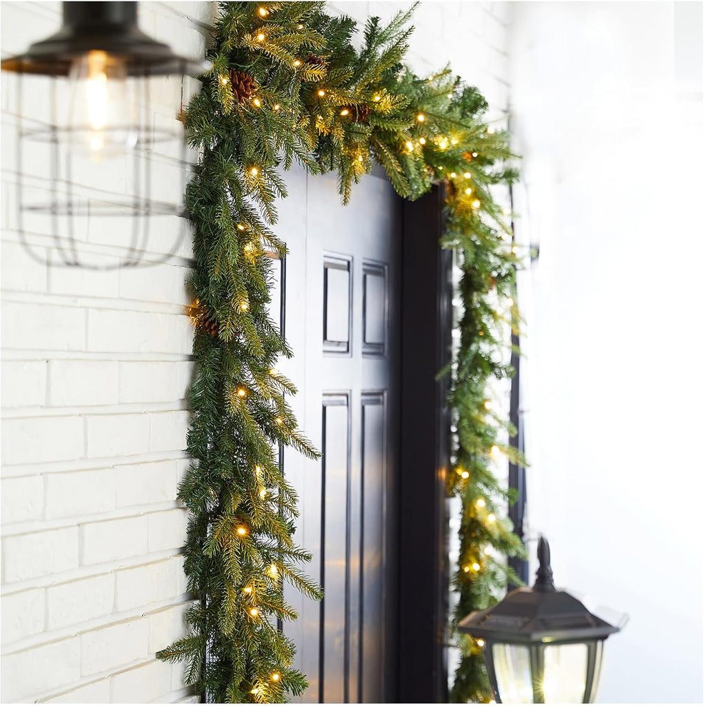 2PCS for Mantle, Prelit Greenery Garland Pine Cone Christmas Garland with Lights and Timer for Fireplace, Dining