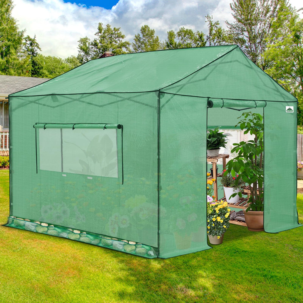 10x10 Pop Up Walk in Greenhouse, Support Pole, Gable Roof, Green