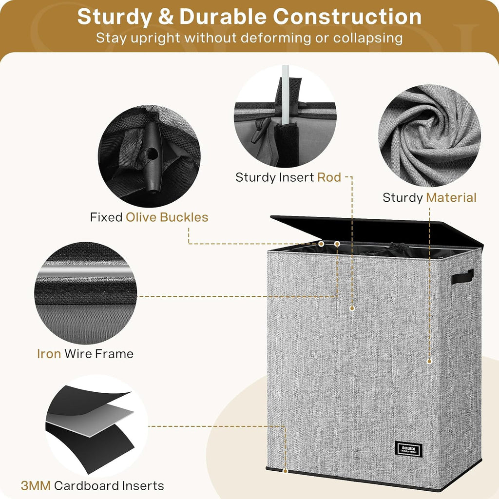 Double Laundry Basket with Lid and Removable bag, Large Laundry Hamper 2 Section with handles, Collapsible Dirty