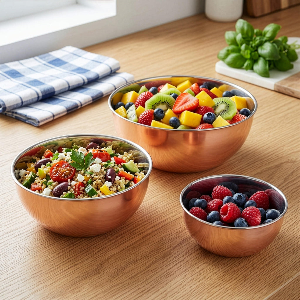 Copper Mixing Bowls - 3 Piece Bowl Set for Cooking, Baking, Serving, and Prepping - Copper Stainless Steel Mixing