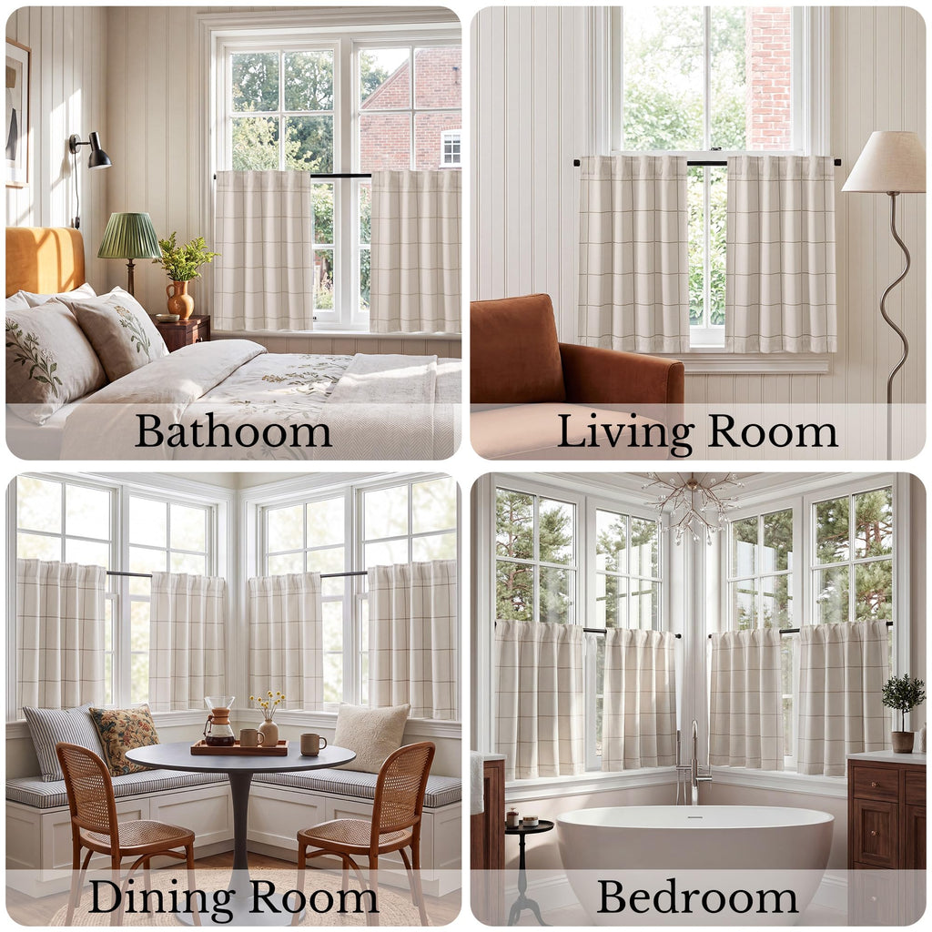 100% Blackout Taupe Plaid Kitchen Curtains, W52xL24, 2 Panels
