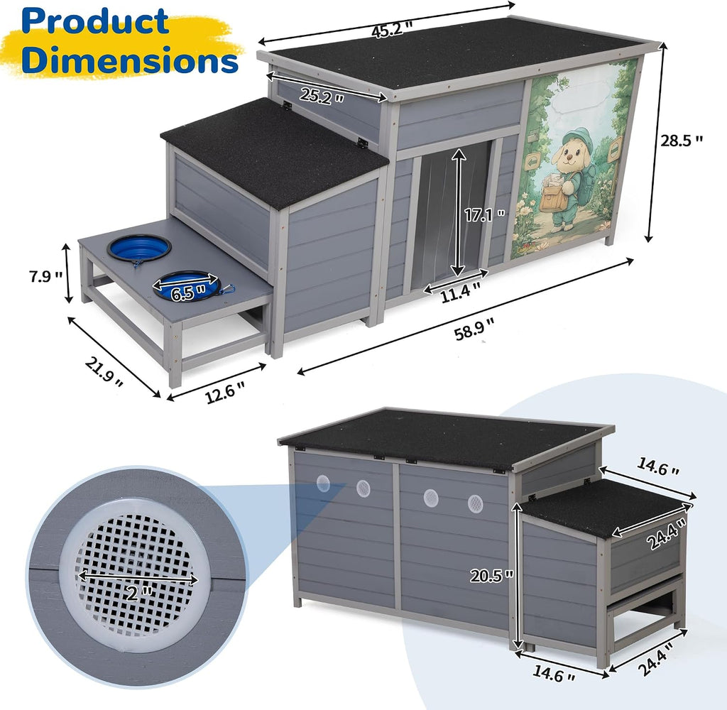 Large Dog House Outdoor, 59" Wooden Insulated Pet Kennel with Asphalt Roof, Weatherproof Pets Shelter with Slow Food
