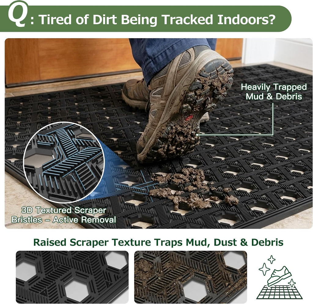 Front Door Mat Outside Entrance 24x36, Heavy Duty TPE Rubber Doormat with Drainage, Non Slip Low Profile Dirt Trapper