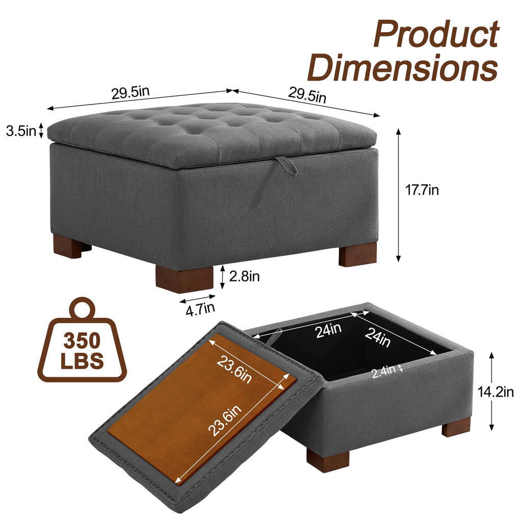 30" Fabric Square Storage Ottoman with Wooden Tray, Modern Tufted Button Footstool Coffee Table, Upholstered Large
