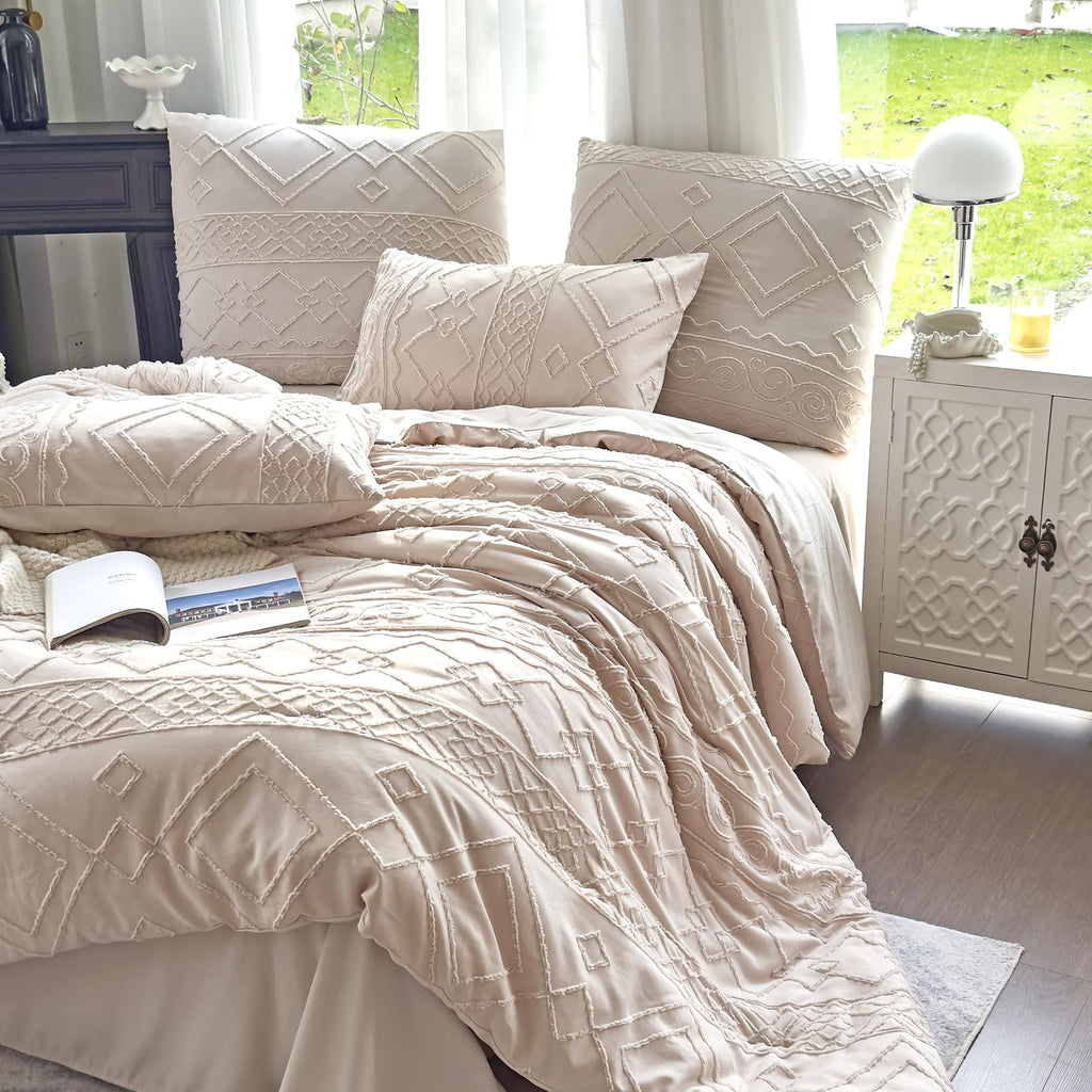 Boho King Size Comforter Set Beige Tufted Geometric All Seasons