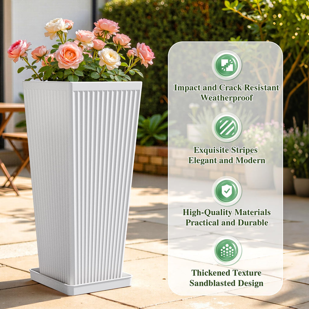 24" Tapered Tall Planters for Outdoor Plants with Tray&Shelf, White