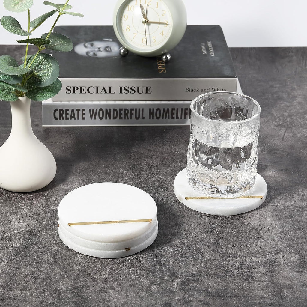 Marble Coaster, Round Coasters, 4" Stone Coaster for Drinks Coffee, White Marble with Gold Brass Coasters - Set of 4