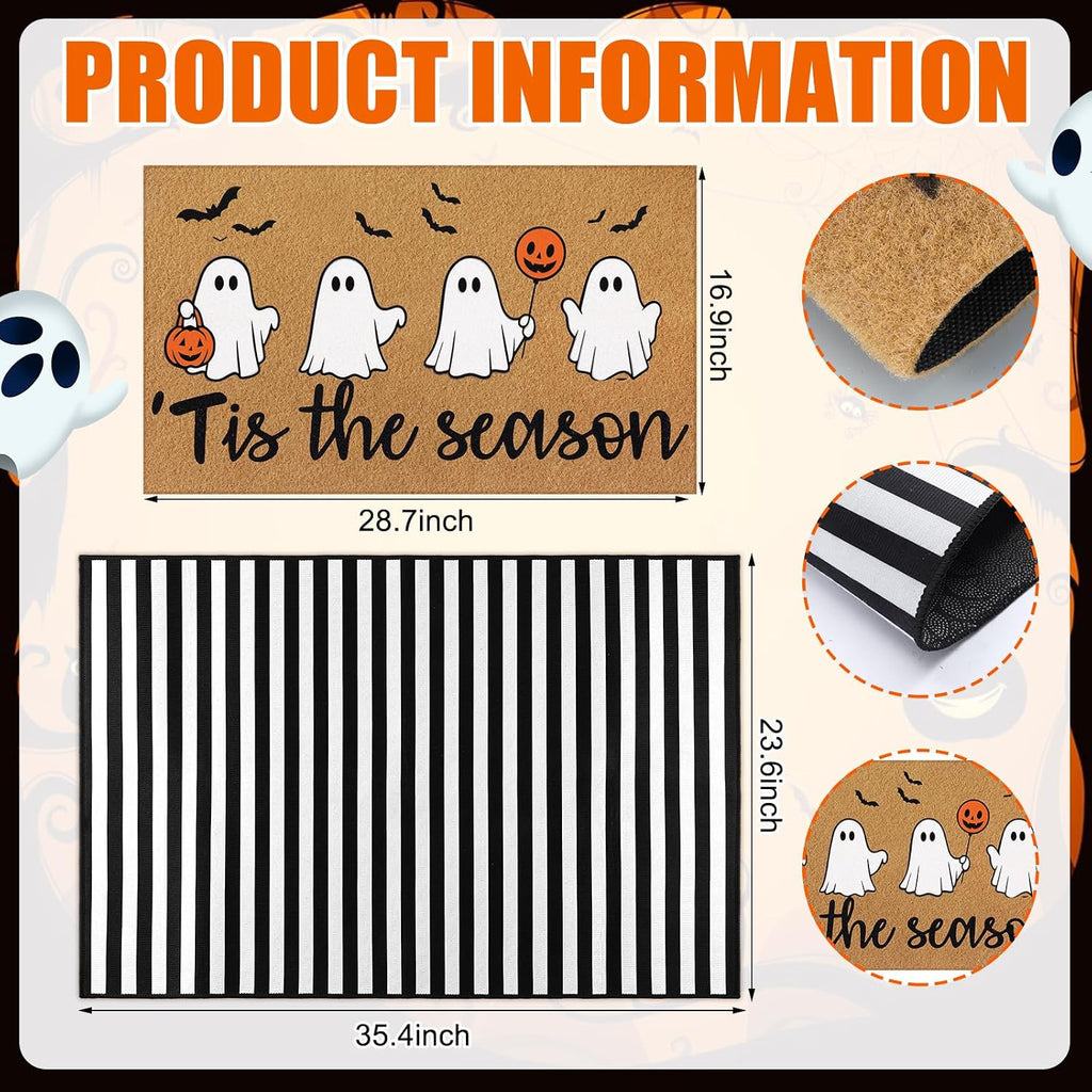 2 Pcs Halloween Layered Doormat Set for Front Porch, Cute Ghost | Tis the Season Ghost Pumpkin Mat with Black White