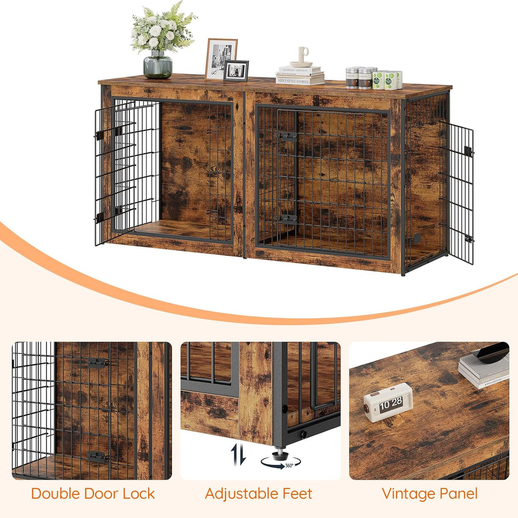 Dog Crate Furniture for 2 Dogs, Large Double Dog Crate Furniture with Divider, Wooden Indoor Kennel TV Stand