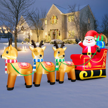 12 Foot Long Christmas Inflatables Santa Claus & Reindeer Sleigh Outdoor Decorations, Built-in LEDs Giant Funny Sled