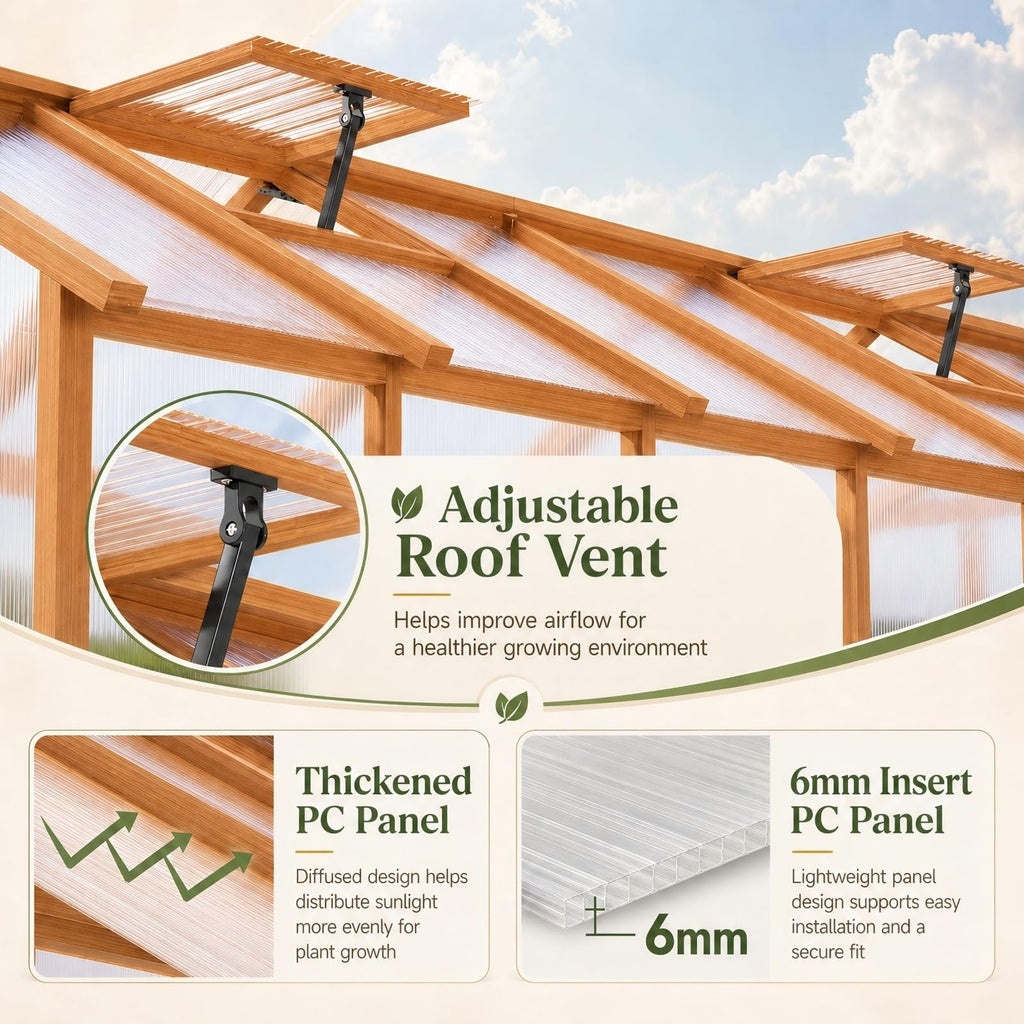 6x12 FT Wooden Greenhouse Outdoor, Heavy Duty Green House with Polycarbonate Panels, Adjustable Roof Vent, Walk-in