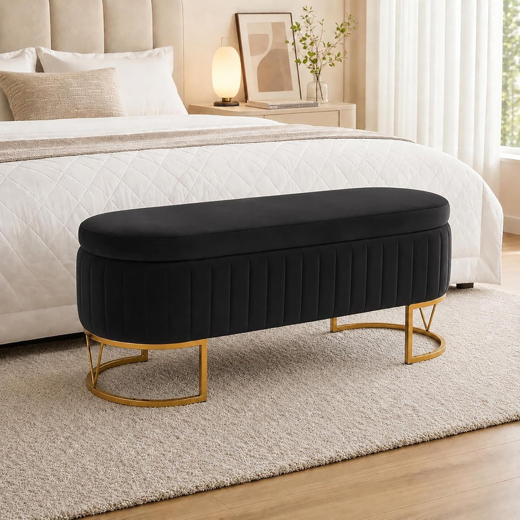 46" Storage Ottoman Bench, Velvet Oval End of Bed Bench Black | Easy 1-Min Assembly, High-Resilience Foam, Large