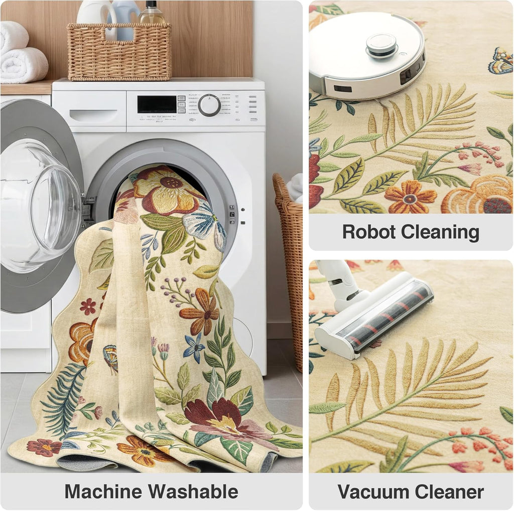 8ft Round Floral Washable Area Rug Beige Neutral Vintage Flower Botanical Cottage Boho Cream Scallop