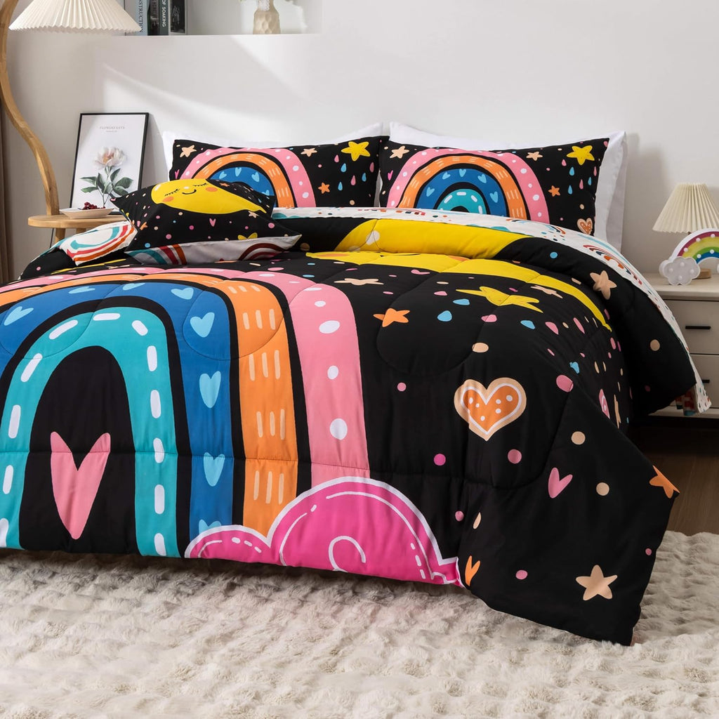 5 Piece Black Rainbow Comforter Set for Girls Boys Kids, Cartoon Cute Moon Stars Bedding Set, Bed in a Bag with Comforter, Sheets and Pillowcases,Twin