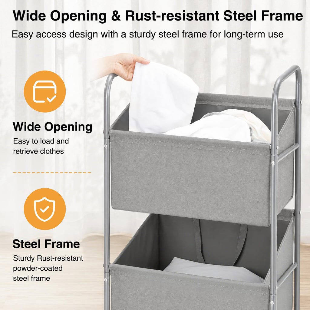 3-Tier Vertical Rolling Laundry Hamper, Removable Bags, Gray Faric