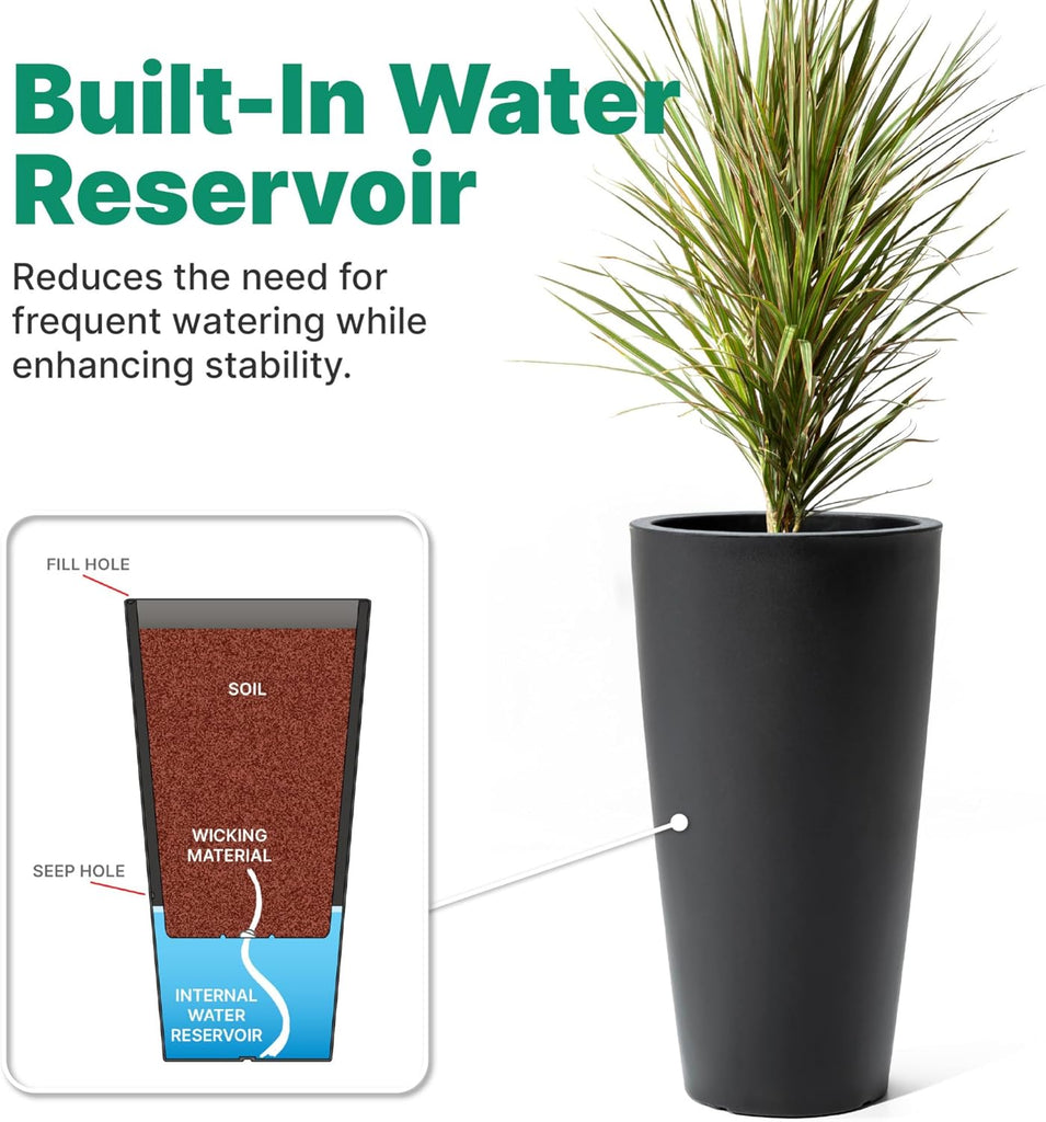 Tremont Tall Round Tapered Planter 2-Pack, 28 in Resin Planters, Self-Watering, Onyx Black