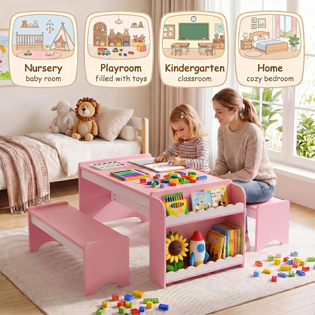 Kids Table and Bench Set, Montessori Kids Table and Chair Set, Indoor Wooden Toddler Activity Table with Bookshelves