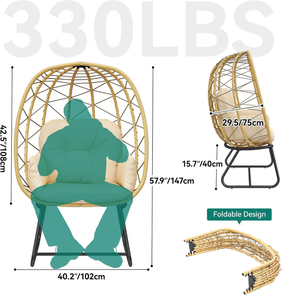 Egg Chair with Stand, Outdoor Egg Chair w/Premium PE Rattan Beige | 330lbs Egg Chair w/Weatherproof Rattan Weave &