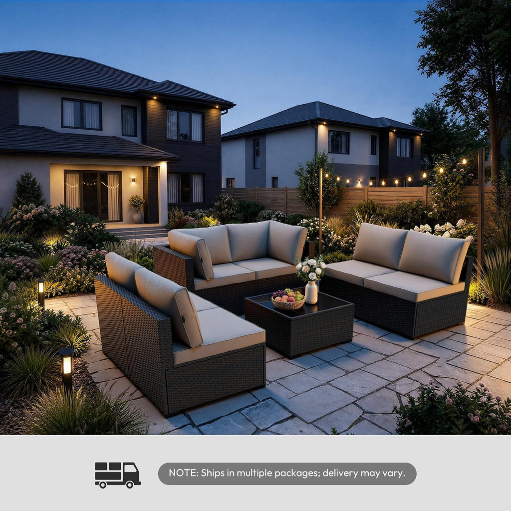Patio Furniture Set 7 Piece - All-Weather - Wicker Rattan Patio Outdoor Conversation Set, Modular Sectional Sofa for