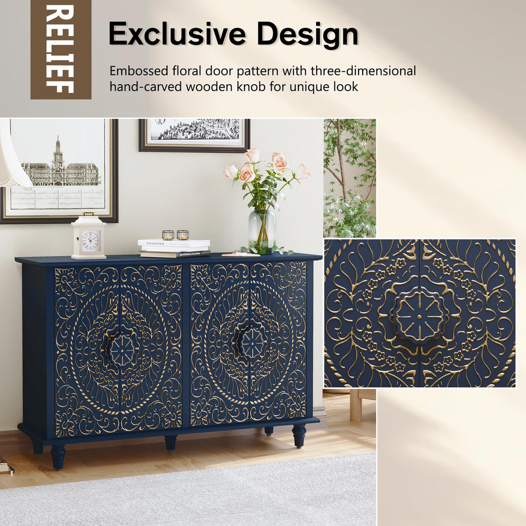 Sideboard Buffet Cabinet with Storage, 48" Decorative Accent Cabinet with Carved Flower Pattern, Modern Blue Credenza