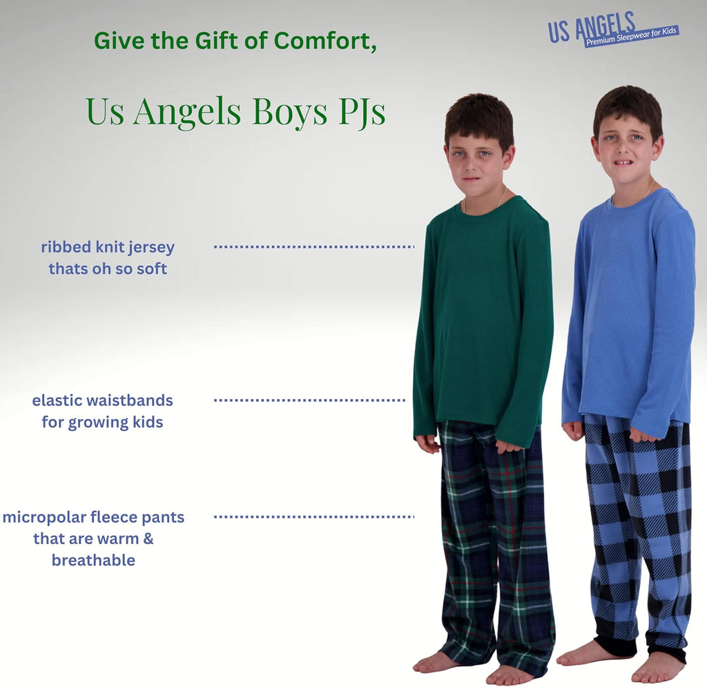 Boys Pajamas Set | Piece Long Sleeve & Fleece Pants | Soft Warm Sleepwear Pjs for Kids & Teens