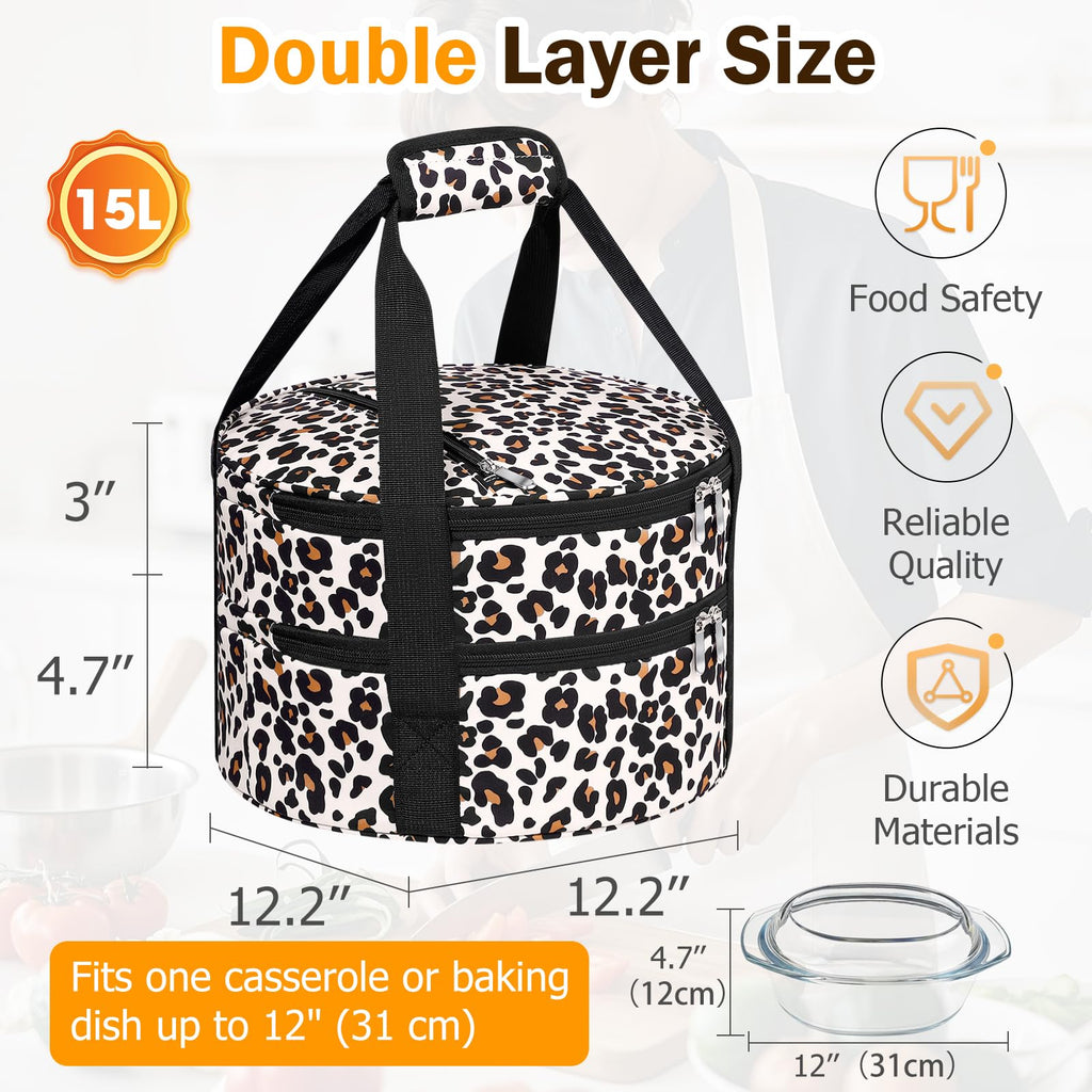 Round Double Insulated Casserole Carrier 12" Portable Pie Tote, Leopard