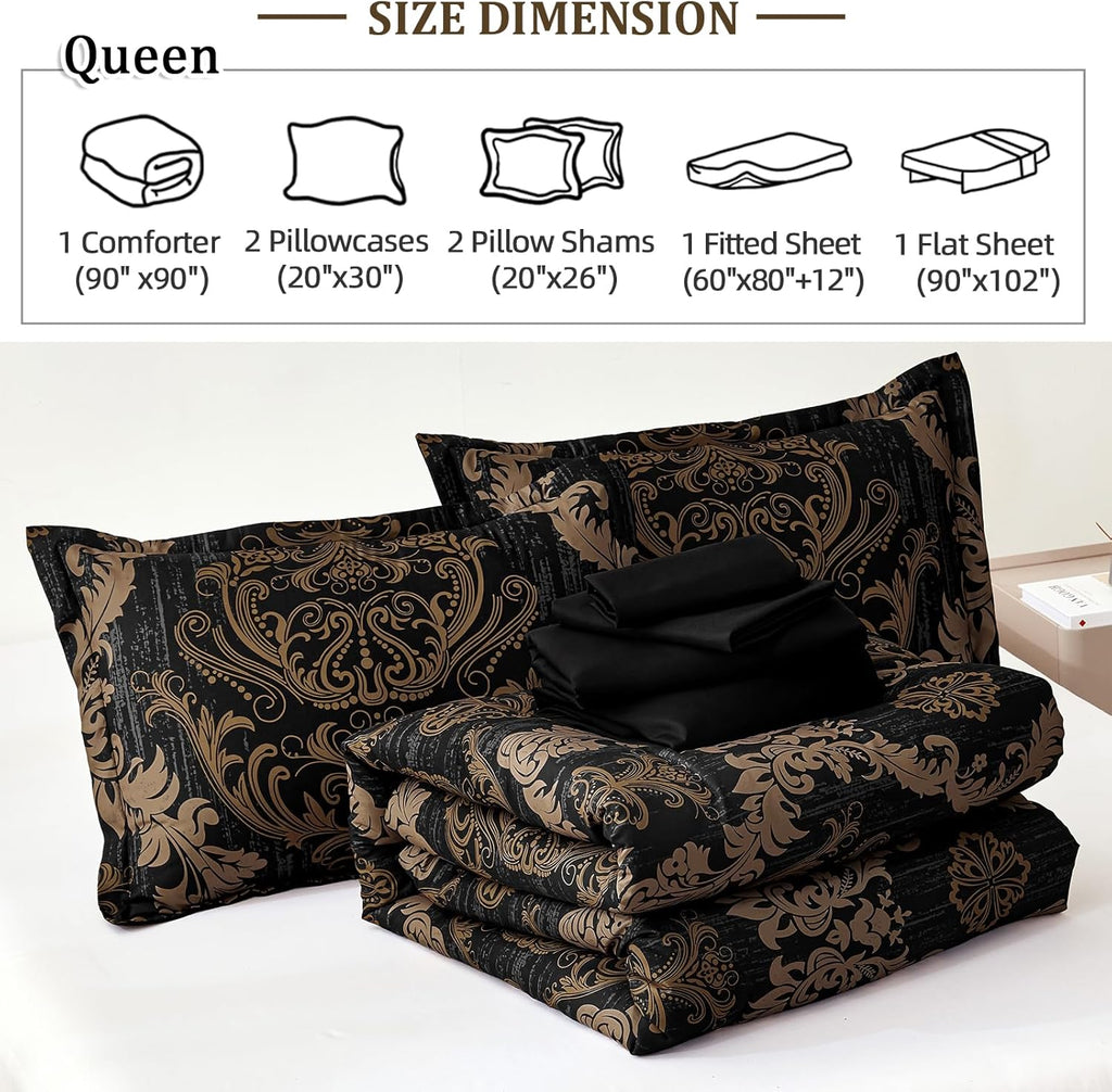 Black Comforter Set Queen, Gold Damask Texture 7 Pieces Bed in a Bag Microfiber Comforter Bedding Sets -1 Comforter