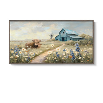 Large Framed Farmhouse Wall Art, Highland Cow Country Pictures Wall Art Decor, Vintage Barn Landscape Floral