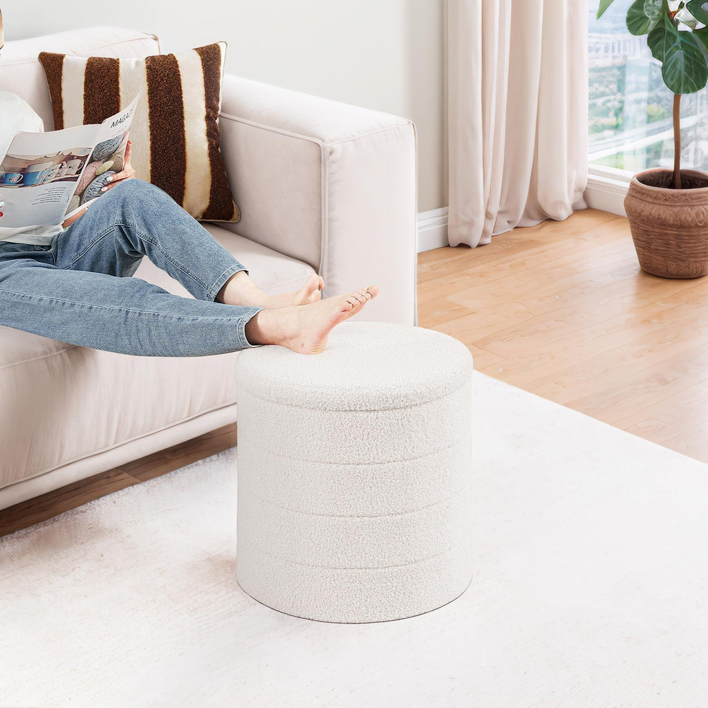 Round Folding Storage Ottoman, Cream Boucle Footstool
