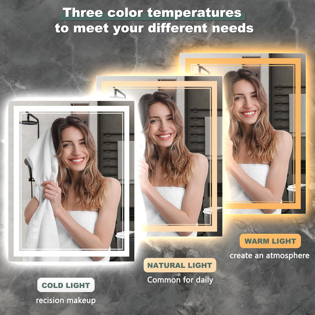 32x24 Inch LED Bathroom Mirror with Lights, 3 Colors Dimmable LED Vanity Mirror, Front and Back Lit, Anti-Fog, Memory