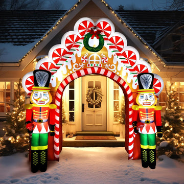 10 Ft Christmas Inflatable Gingerbread Candy House with Nutcrackers Outdoor Decorations, Giant Xmas Blow Up Yard