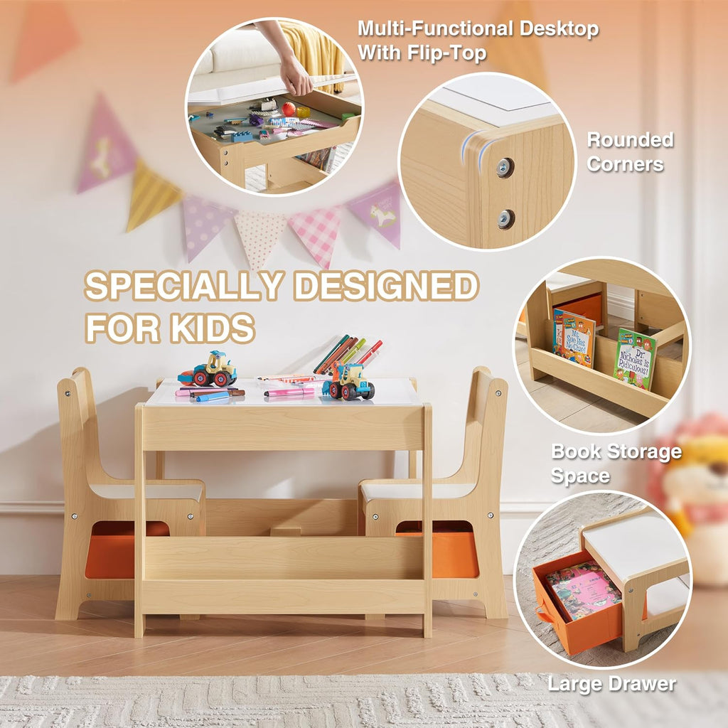 Kids Table and Chair Set, 4 in 1 Wooden Activity Table with Bookshelves and Storage Drawer, 2 in 1 Detachable