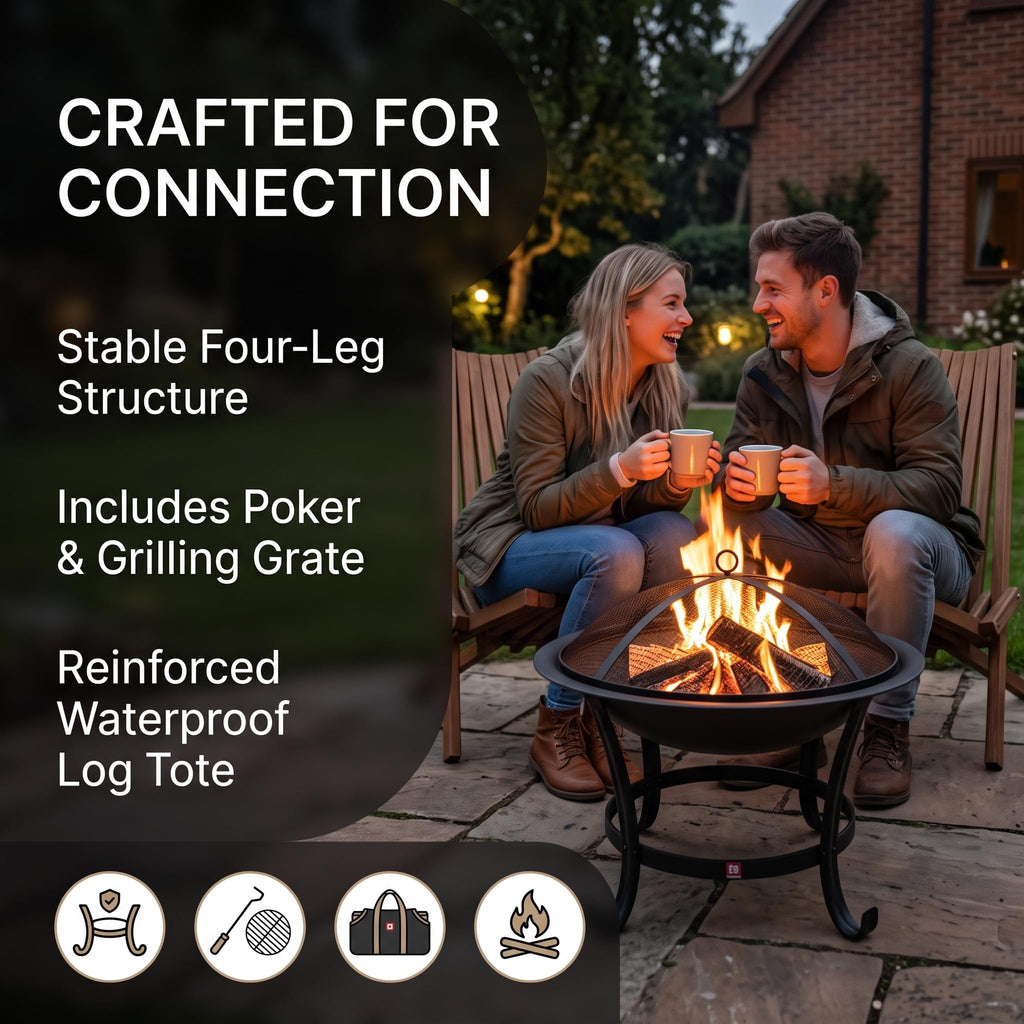 22" Fire Pit with 2-in-1 BBQ Grill, Spark Screen & Tote Bag