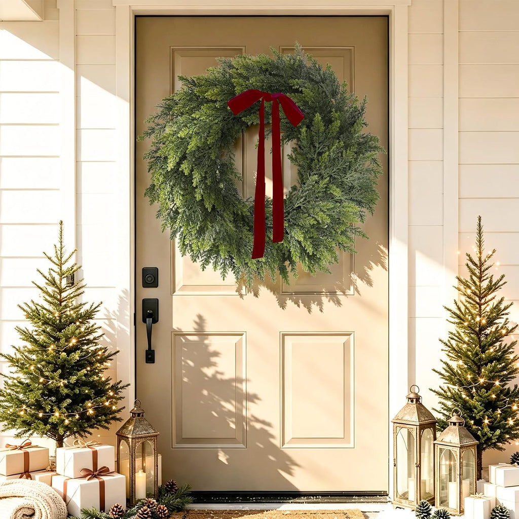 26" Christmas Cedar Wreaths for Front Door, Real Touch Handmade Full Artificial Cedar Wreath Set, Faux Greenery