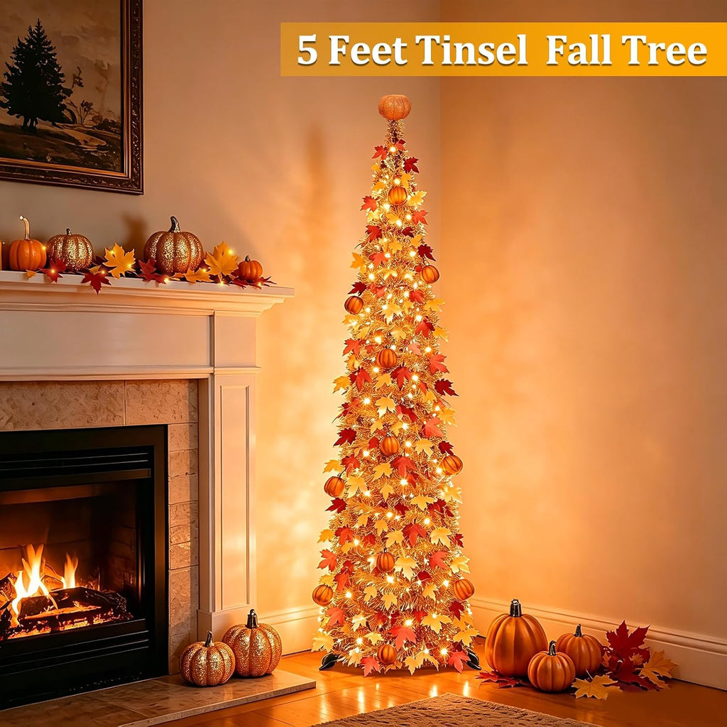 5 FT Fall Tree Fall Decor, Tinsel Maples Tree with 50 Warm White Lights