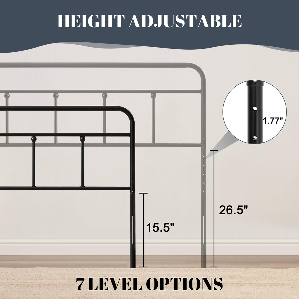 Vintage Metal Headboard Only, Adjustable Height 34-44 in, Black